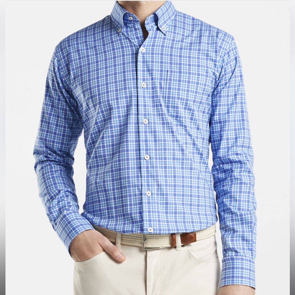 Peter Millar Crown Ease Douglas Sport Light Blue Plaid Dress Shirt Size Large